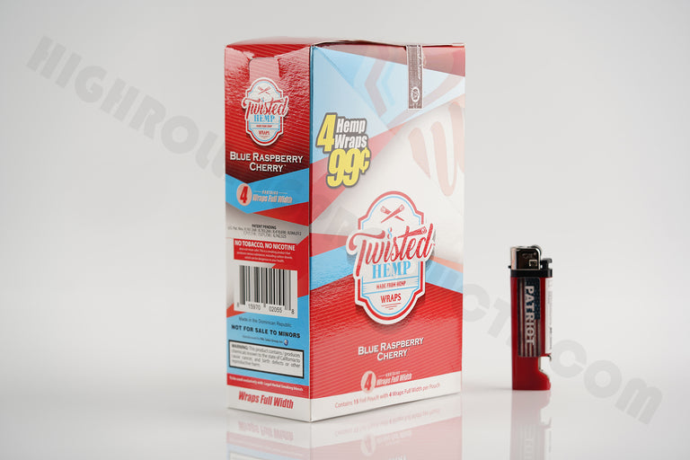 Full Box(15 pouches, 4 wraps in each) Twisted Hemp Blue Raspberry Cherry With Patriot Disposable Lighter!