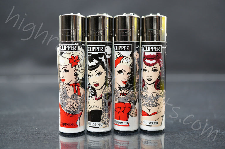 4x Clipper Refillable Lighters "Inked Girl" Collection